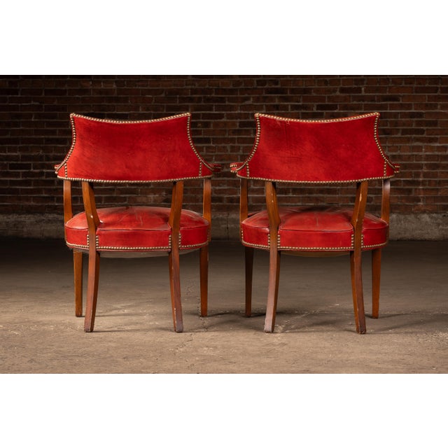 English Mid 20th Century Pair of Brass Nailhead Leather Captain’s Armchairs in Burnt Orange For Sale - Image 3 of 7