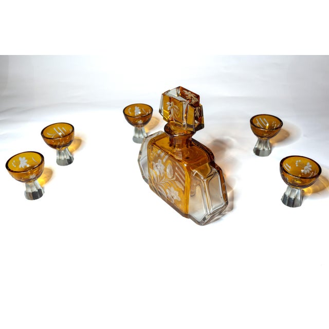 1930s Bohemian Amber Crystal Decanter Set – 6 Piece Art Deco Karl Palda Style For Sale In Seattle - Image 6 of 11