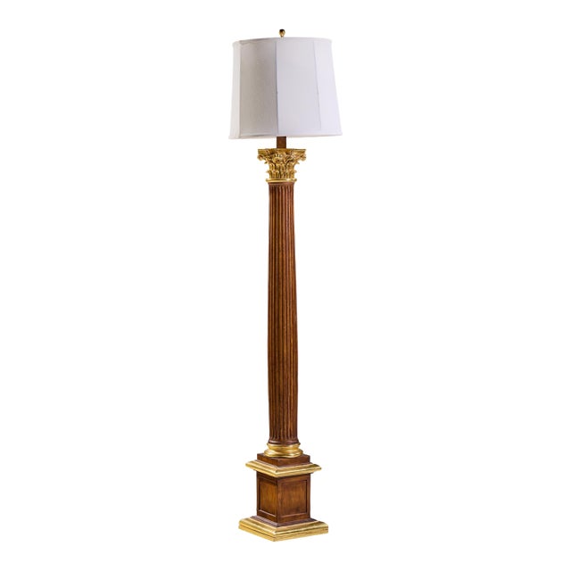 Thomas Morgan Carved Wood Classical Motif Reeded Column and Gilded Wood Floor Lamp For Sale