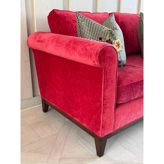 Kristin Drohan Kristin Drohan Collection Red Velvet Love Seat With Embroidered Down-Filled Throw Pillows For Sale - Image 4 of 11