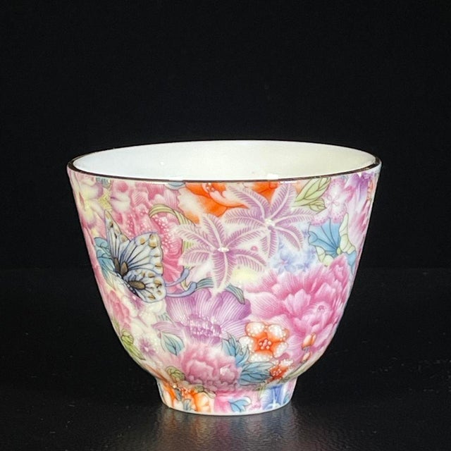 Ceramic Late 20th Century Chinese Famille Rose Millefleur Porcelain Teapot & Tea Cup Set - Set of 5 For Sale - Image 7 of 9
