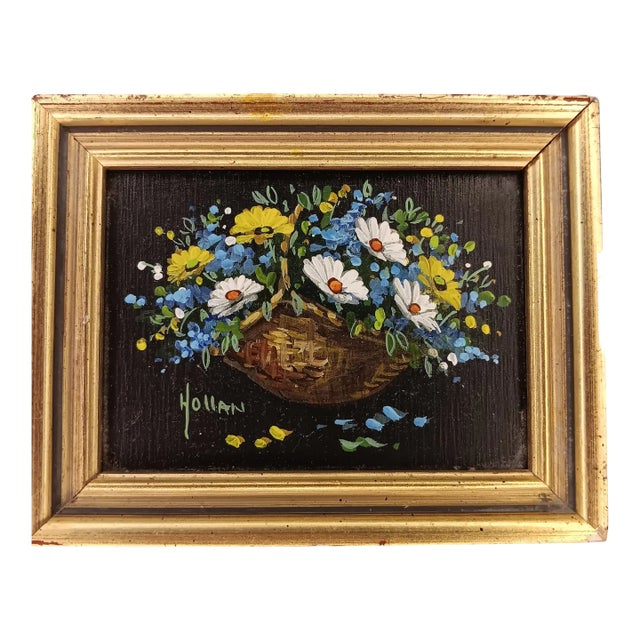 1990s Vivian Hollan Swain Miniature Oil Painting Daisy Flowers in Wicker Basket Signed, Framed For Sale