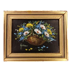 1990s Vivian Hollan Swain Miniature Oil Painting Daisy Flowers in Wicker Basket Signed, Framed