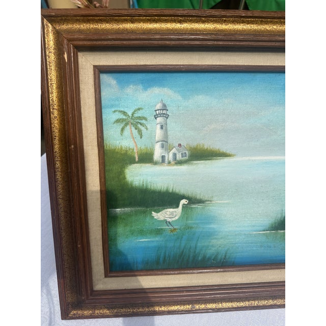 1990s Lighthouse and Egrets Seascape Painting on Canvas, Signed by the Artist, Framed For Sale - Image 4 of 9