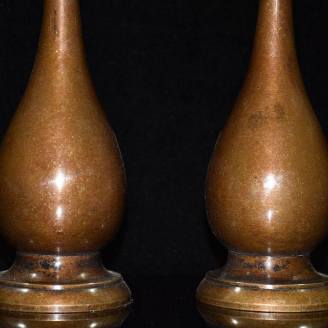 Metal Vintage Pair Solid Copper Tall Candlesticks, Elegant Pear Shape Stemmed Candle Holders, Chinoiserie Matching Altar Set For Sale - Image 7 of 9