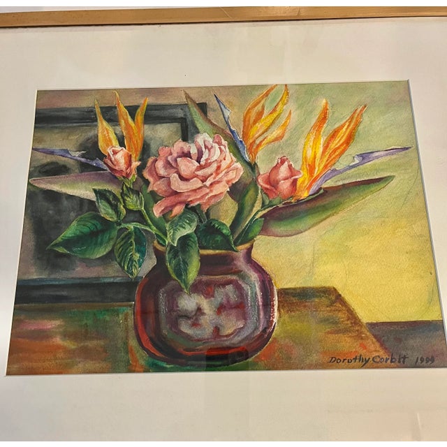 Boho Chic 1999 Floral Arrangement in a Vase Still Life Painting by Dorothy Dickensen Corbit, Framed For Sale - Image 3 of 10