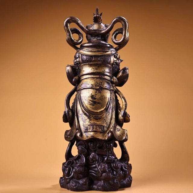 Religious Vintage Gilt Copper Wei Tuo Guardian Deity Sculpture, Buddhist Temple Standing Statue For Sale - Image 3 of 9
