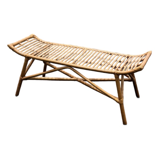 Vintage Coastal Sculptural Rattan and Cane Bench For Sale