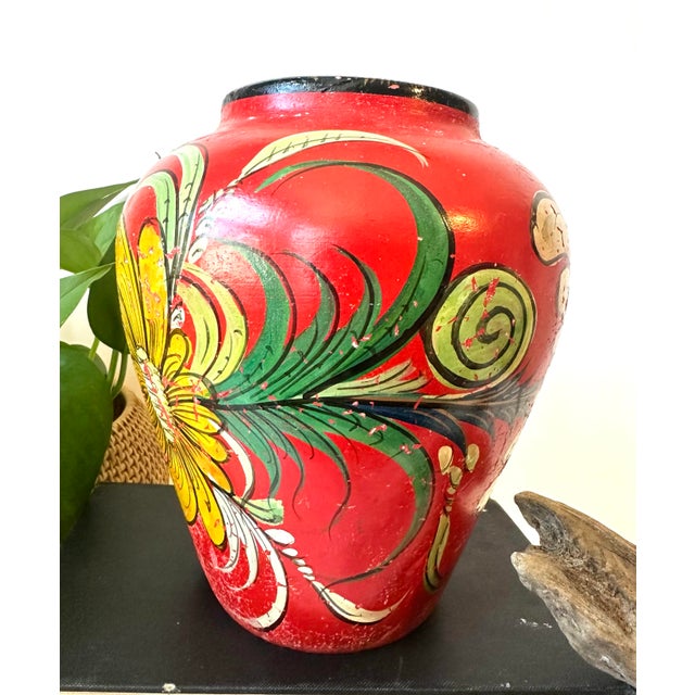 1930s 1930s Red Mexican Tonala Hand Painted Vase, Antique Floral Folk Art Pottery For Sale - Image 5 of 11