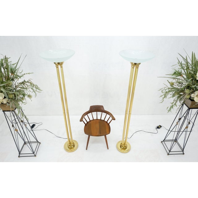 Pair of Mid Century Modern Brass Etched Glass Shades Torcheres Floor Lamps MINT! For Sale - Image 10 of 13