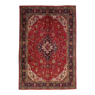 1960s Vintage Persian Tabriz Handmade Medallion Red Wool Rug For Sale