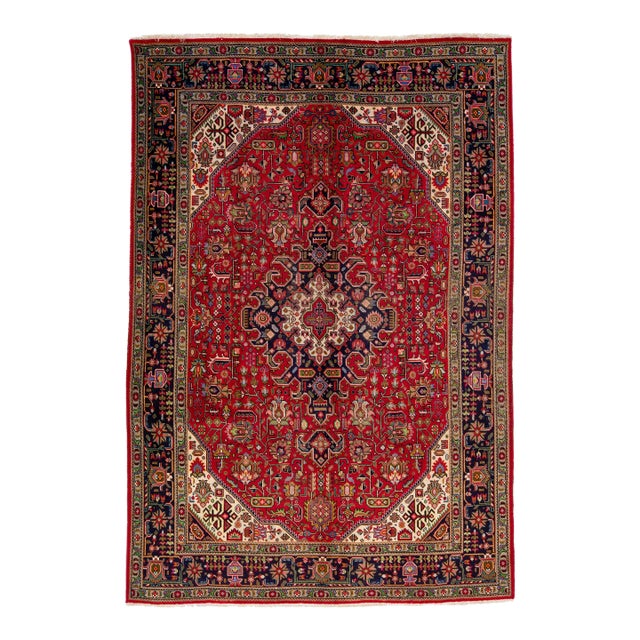 1960s Vintage Persian Tabriz Handmade Medallion Red Wool Rug For Sale