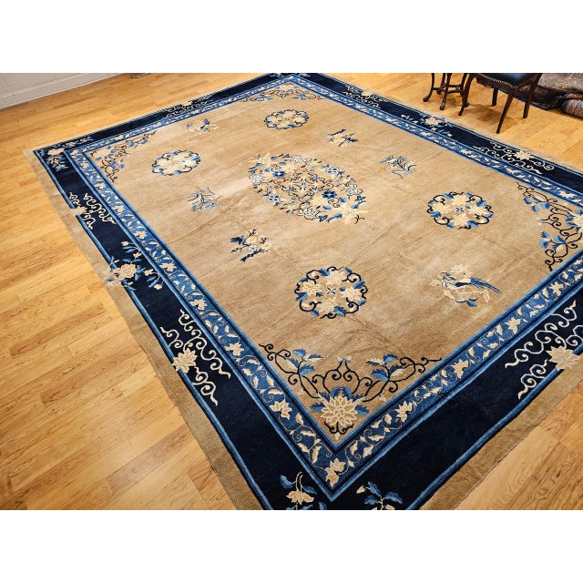 Tan 19th Century Oversized Chinese Peking Hand-Knotted Rug in Tan, Navy, Blue For Sale - Image 8 of 18