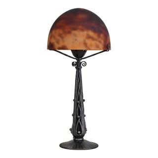 1920s French Art Deco Daum Table Lamp - Burned Orange Mottled Glass & Wrought Iron For Sale
