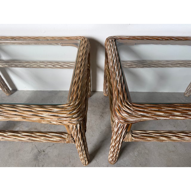 1970's Vintage Coastal Organic Whitewashed Rattan & Glass Top End Tables – A Pair For Sale - Image 12 of 15