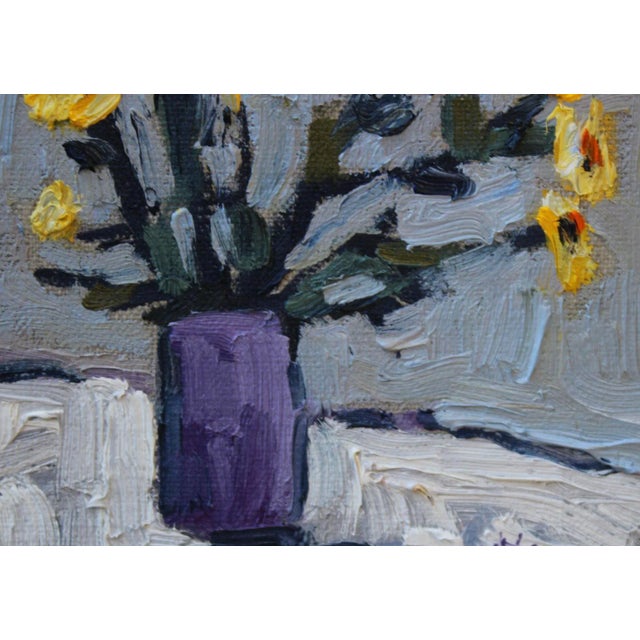 Abstract Yellow Flowers With Purple Vase, Oil Painting by L Haas For Sale - Image 3 of 9