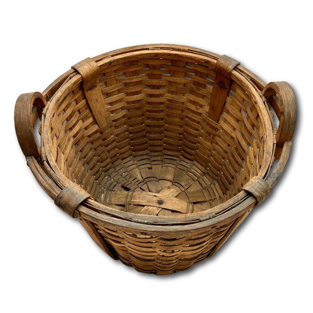 Wood Large Size Substantially Made Antique American Hand Woven Ash Wood Splint Maine Apple Farm Basket For Sale - Image 7 of 18