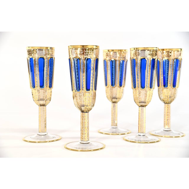 Set of Eight Moser Crystal Panel Cut Cobalt Blue Enamel & Gold