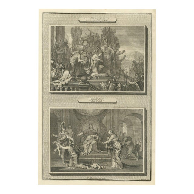 Pieter Mortier, Solomon Anointed King and the Judgment of Solomon, Pieter 1700, Engraving For Sale