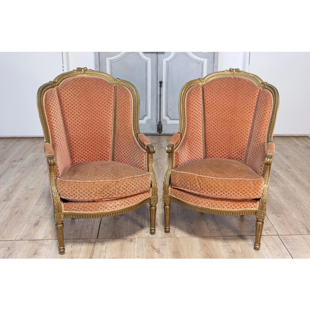 Mid 20th Century French Louis XVI Style Gilded Wood Bergères Chairs with Carved Décor - a Pair For Sale - Image 5 of 12