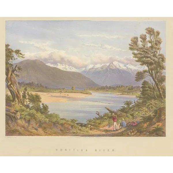 Antique print titled 'Hokitika River'. View of the Hokitika River, New Zealand. Lithographed by C.F. Kell after a drawing...