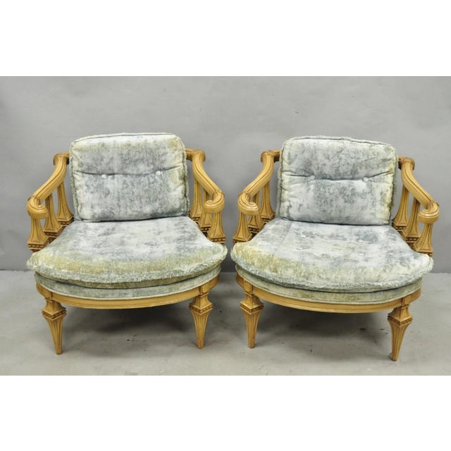 Vintage Hollywood Regency Low Barrel Back Cream Painted Club Lounge Chairs -a Pair. Chairs feature unique low backs,...
