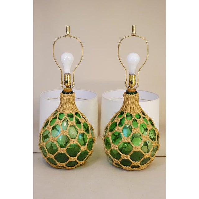 1970s Matched Pair XL Bottle Green Glass Globe Rope Macrame Net Fish Float Coastal Tiki Table Lamps Nos "New-Old-Stock" Unused For Sale - Image 12 of 13