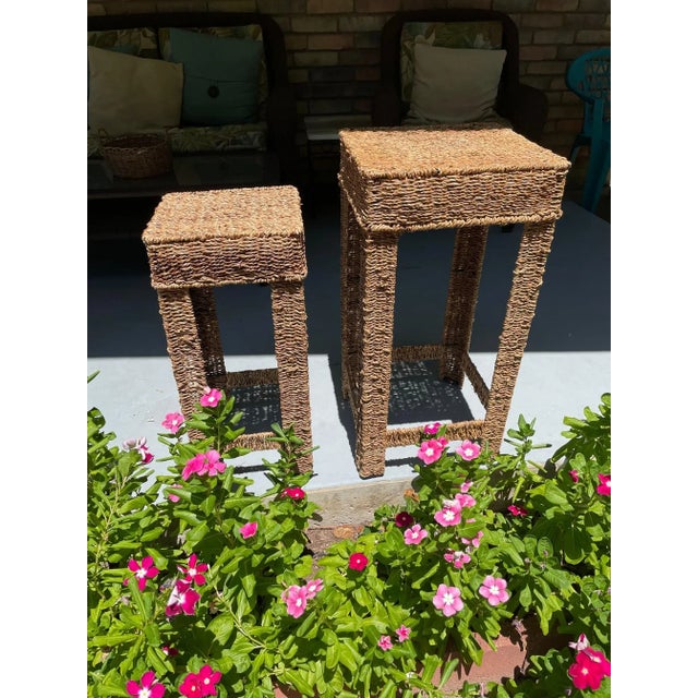 Vintage Woven Wicker Seagrass Plant Stands / Stools - a Pair For Sale - Image 11 of 12