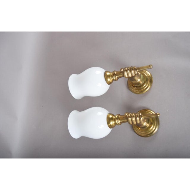 Mid-Century Brass and Opaline Glass Wall Sconces in the style of André Arbus, France, 1950s, Set of 2 For Sale - Image 12 of 14
