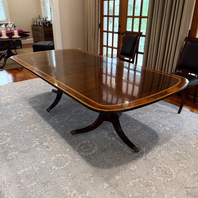Antique Multi Banded Mahogany Double Pedestal Dining Table For Sale - Image 12 of 12