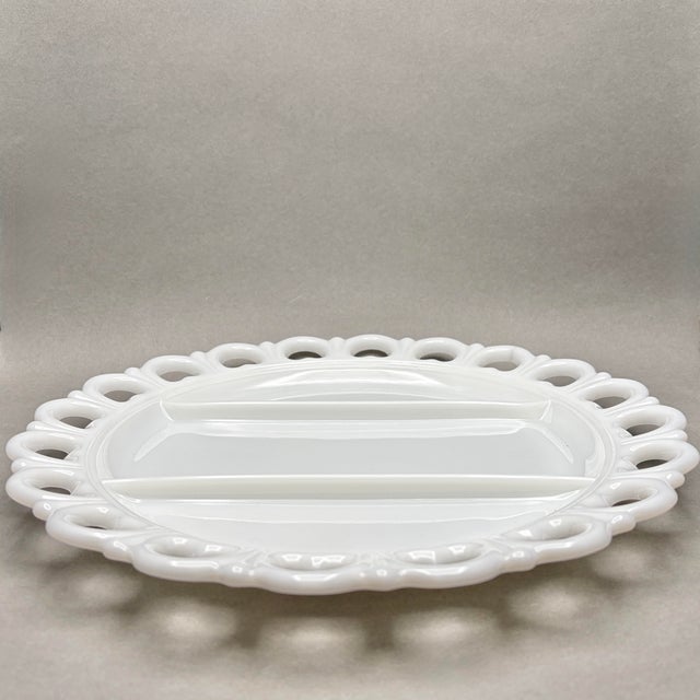 Anchor Hocking Vintage Anchor Hocking “Old Colony” White Milk Glass Divided Serving Platter With Open Lace Heart Border For Sale - Image 4 of 8