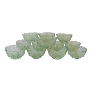 Venetian Clear Green Gold Fleck Aventurine Quilted Glass Footed Bowl Set of 12 For Sale