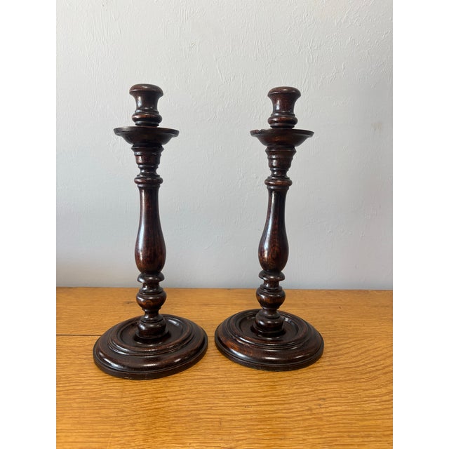 Vintage English Oak Candle Sticks For Sale - Image 4 of 6