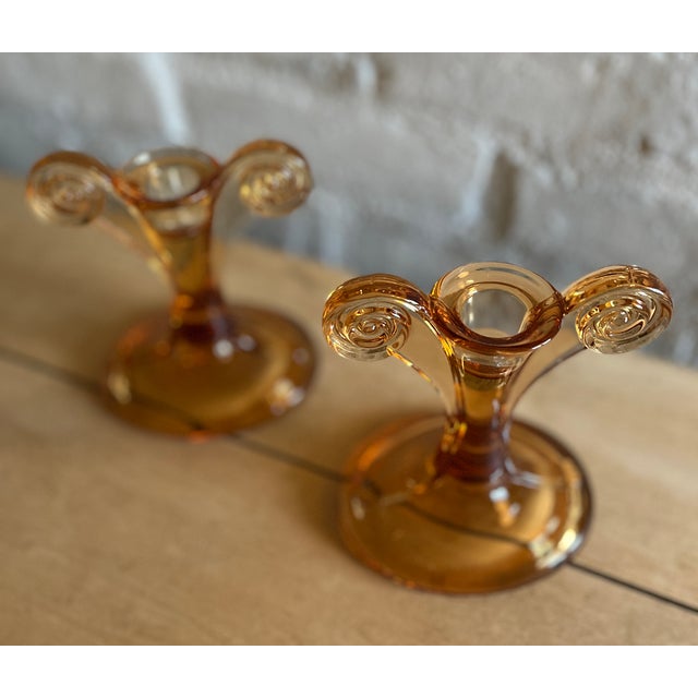 Fostoria Art Deco Pink Scroll Console Bowl With Pair of Candlestick Holders - 3 Piece Antique Set Glass Set Circa 1920-30 For Sale - Image 10 of 12