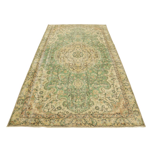 1950s Vintage Turkish Rug in Light Green With Beige Floral Medallion | Rug & Kilim For Sale - Image 5 of 7