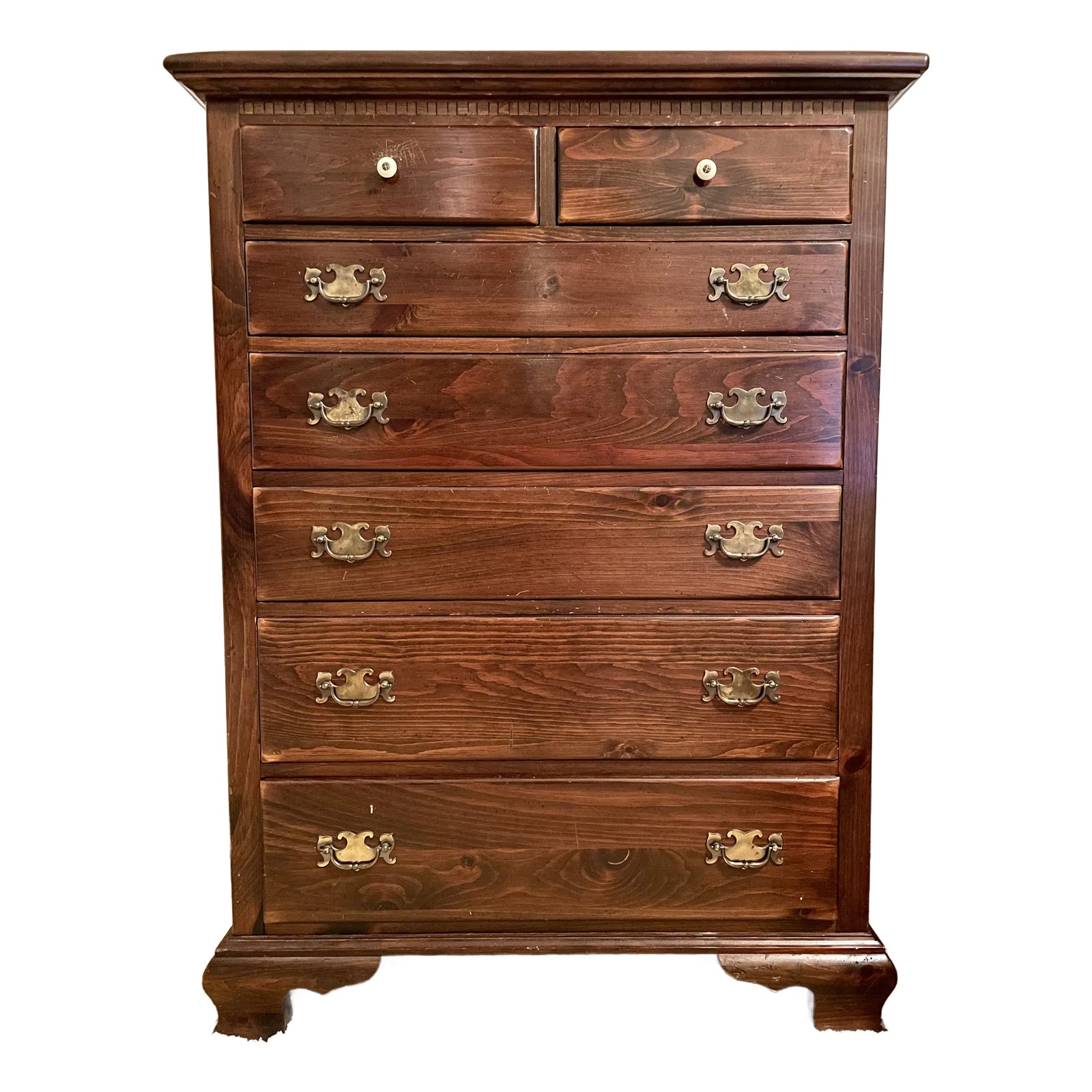 1970s Ethan Allen Old Tavern Collection Pine High Chest 7 Drawers