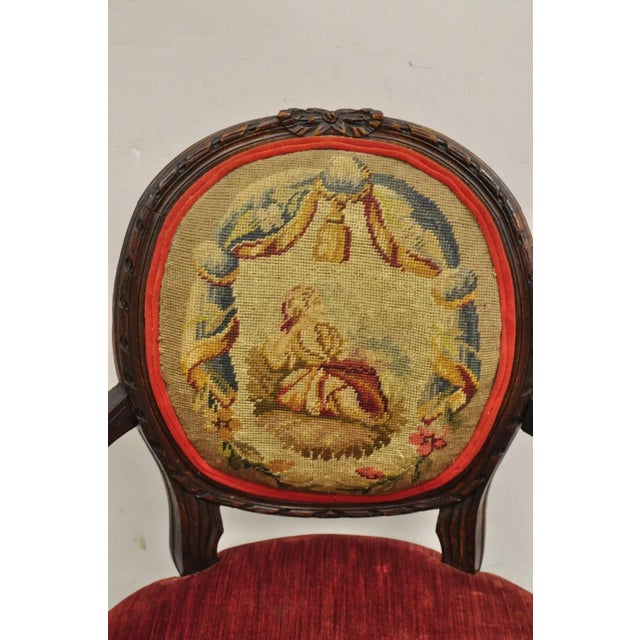 French Late 19th Century Antique French Louis XVI Style Carved Walnut Needlepoint Red Fauteuil Armchair For Sale - Image 3 of 12