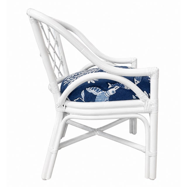 Mid-Century Modern Vintage Lacquered Diamond Rattan Arm Chairs in Thibaut Goa Fabric For Sale - Image 3 of 9