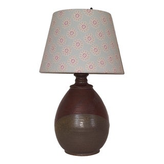 Vintage Table Lamp with Brown Ceramic Base and Fabric Shade, 1970s For Sale