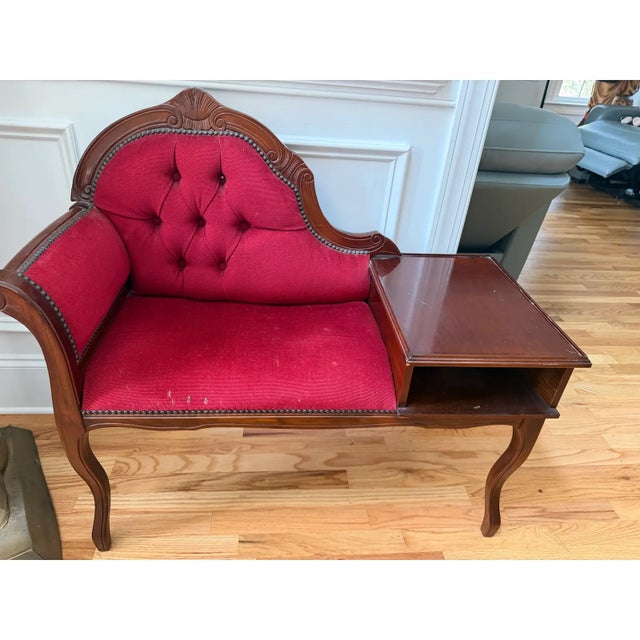 Mid-Century Modern Vintage Mid-Century Louis XV Style Telephone Gossip Bench in Red Upholstery= For Sale - Image 3 of 7