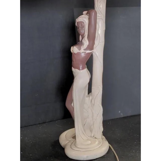 Pair 1952 Signed C. Romanelli/Stern Ind. Polynesian Male & Female Figural Lamps W/ Shades For Sale - Image 9 of 13