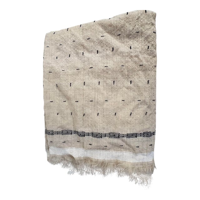 Vintage Handwoven Textile With Black Embroidered Detailing For Sale