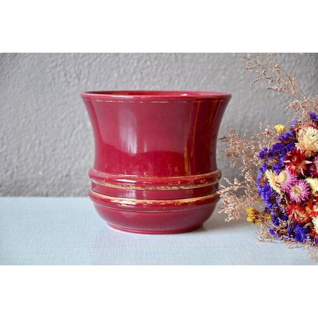 Ceramic Art Deco French Red and Gold Flower Pot, 1940s For Sale - Image 7 of 8