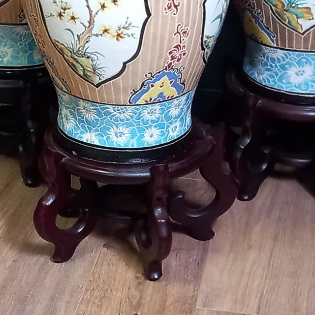 Set of 3 Hand-Painted Biên Hòa Vases on Rosewood Stands Beautiful set of three hand-painted Biên Hòa vases from Vietnam,...