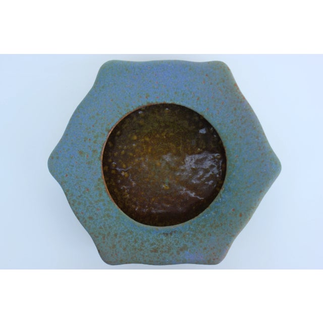 Vintage Raymor pottery bowl with a hexagon shape and Fantoni-esque form. This piece has the most beautiful glaze; a shiny...