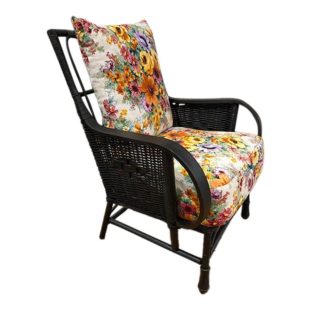 Vintage Rattan Wicker Chair With Floral Cushions For Sale