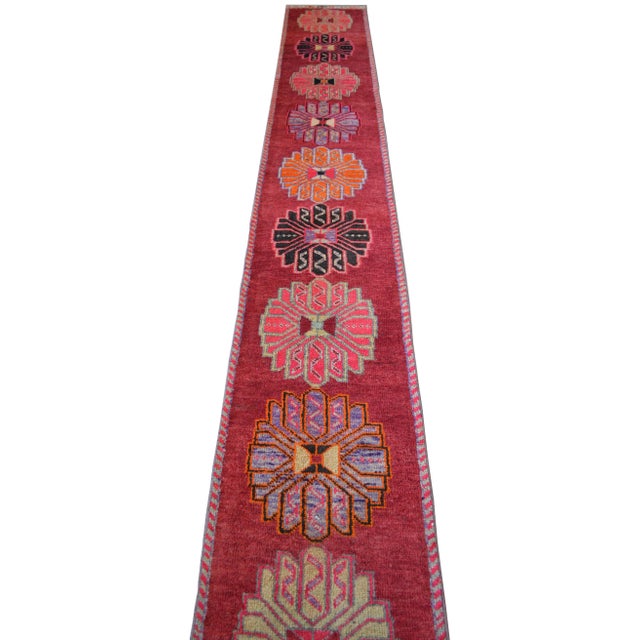Red 1970s Turkish Hand-Knotted Turkish Runner Rug Extra Long Narrow Runner Stair Runner- 2′2″ × 15′6″ For Sale - Image 8 of 15