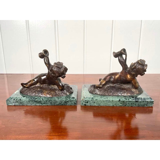 Pair of Vintage Bronze Belle Époque Style Bacchic Putti Bookends on Verde Marble, in the Manner of Auguste Moreau For Sale - Image 10 of 12