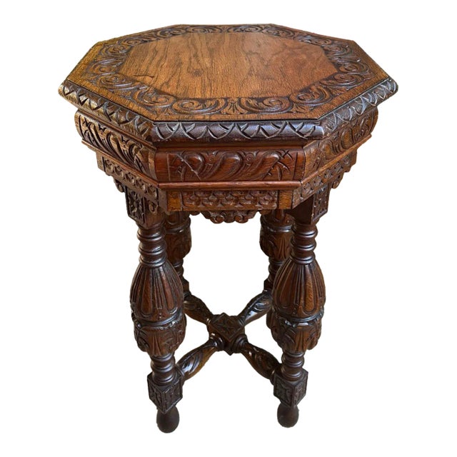 Petite Antique French Octagon Side Table Renaissance Carved Oak C1900 For Sale