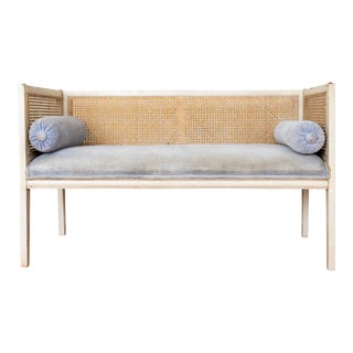 Petite French Blue Velvet Caned Settee or Porch Bench For Sale